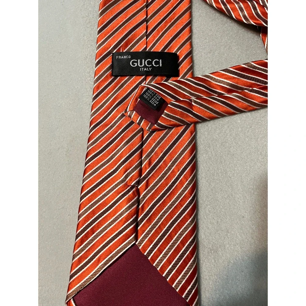 GUCCI Necktie Orange Brown Striped Silk Tie‎ Mens Designer Formal Wedding Party